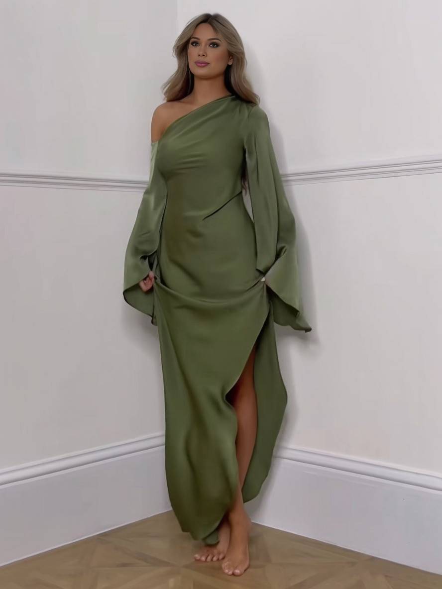 GR | Langes Ein Schulter Spaltenkleid Seide Trompetenärmel Lange Ärmel Damen Elegantes Abschlussballkleid
