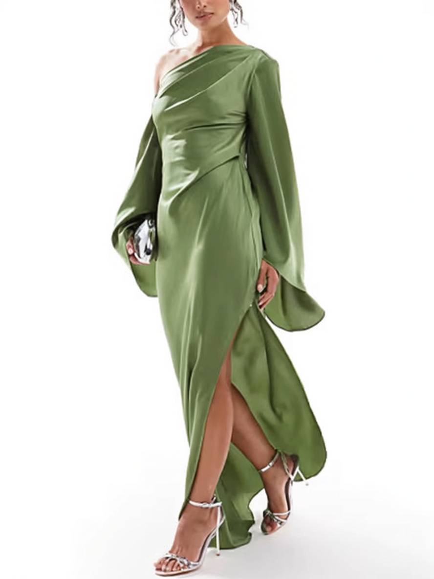 GR | Langes Ein Schulter Spaltenkleid Seide Trompetenärmel Lange Ärmel Damen Elegantes Abschlussballkleid