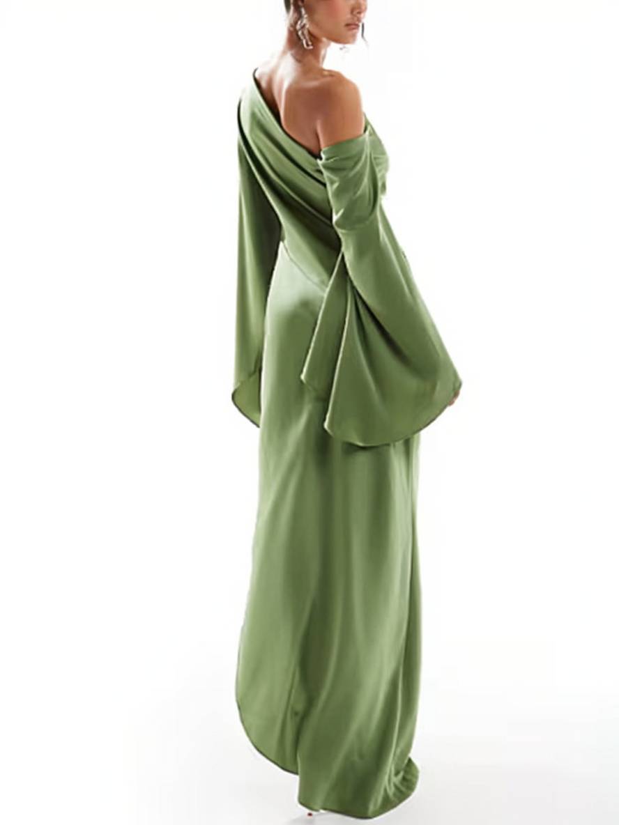 GR | Langes Ein Schulter Spaltenkleid Seide Trompetenärmel Lange Ärmel Damen Elegantes Abschlussballkleid