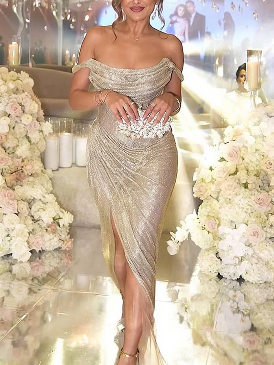 GR | Langes Kleid Glänzende Pailletten Boot-Ausschnitt Unregelmäßiger Schlitz Seitlich Ärmellos Elegant Abend für Hochzeit