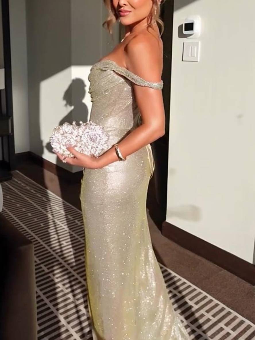 GR | Langes Kleid Glänzende Pailletten Boot-Ausschnitt Unregelmäßiger Schlitz Seitlich Ärmellos Elegant Abend für Hochzeit