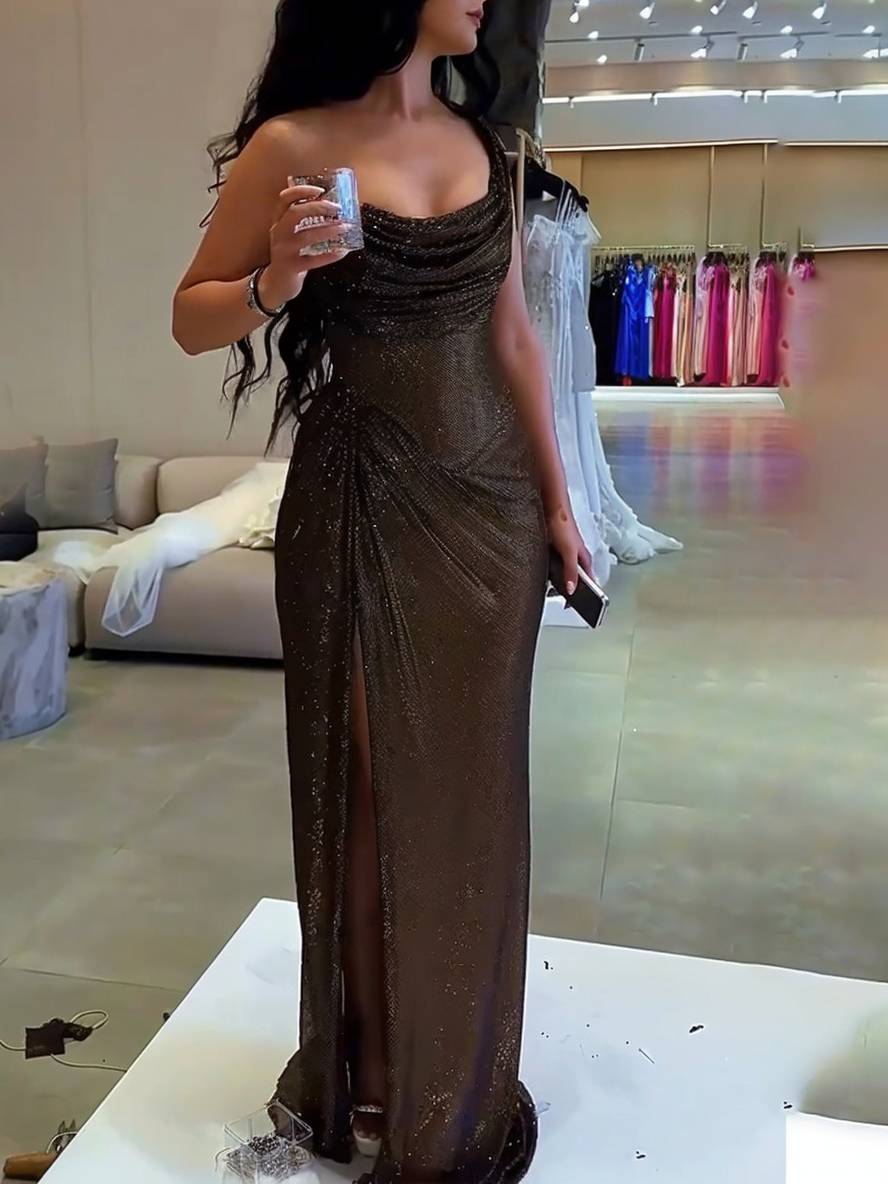GR | Langes Fitted Unregelmäßiges Seitenriss Ärmellos Elegant Damen Ball Prom Abendkleid