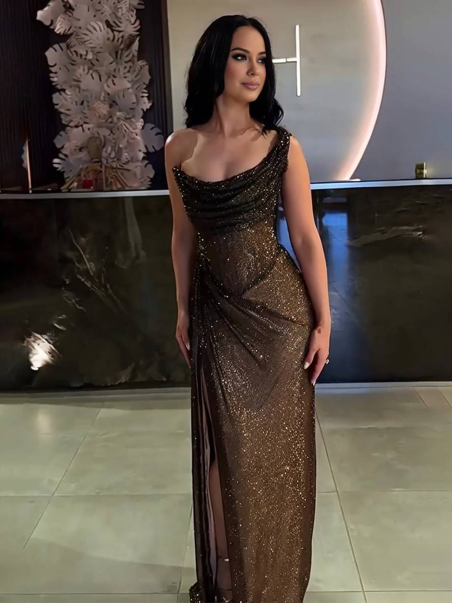 GR | Langes Fitted Unregelmäßiges Seitenriss Ärmellos Elegant Damen Ball Prom Abendkleid