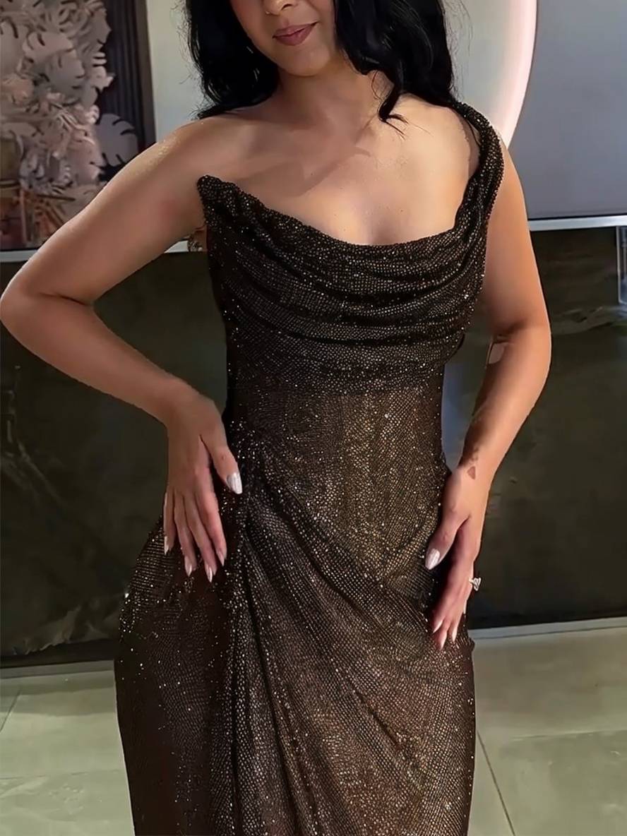 GR | Langes Fitted Unregelmäßiges Seitenriss Ärmellos Elegant Damen Ball Prom Abendkleid