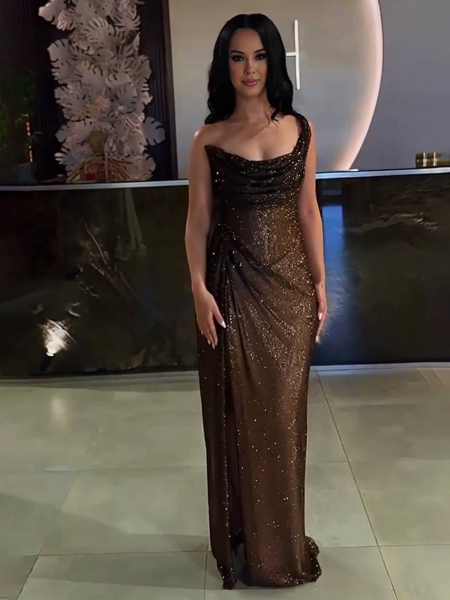 GR | Langes Fitted Unregelmäßiges Seitenriss Ärmellos Elegant Damen Ball Prom Abendkleid