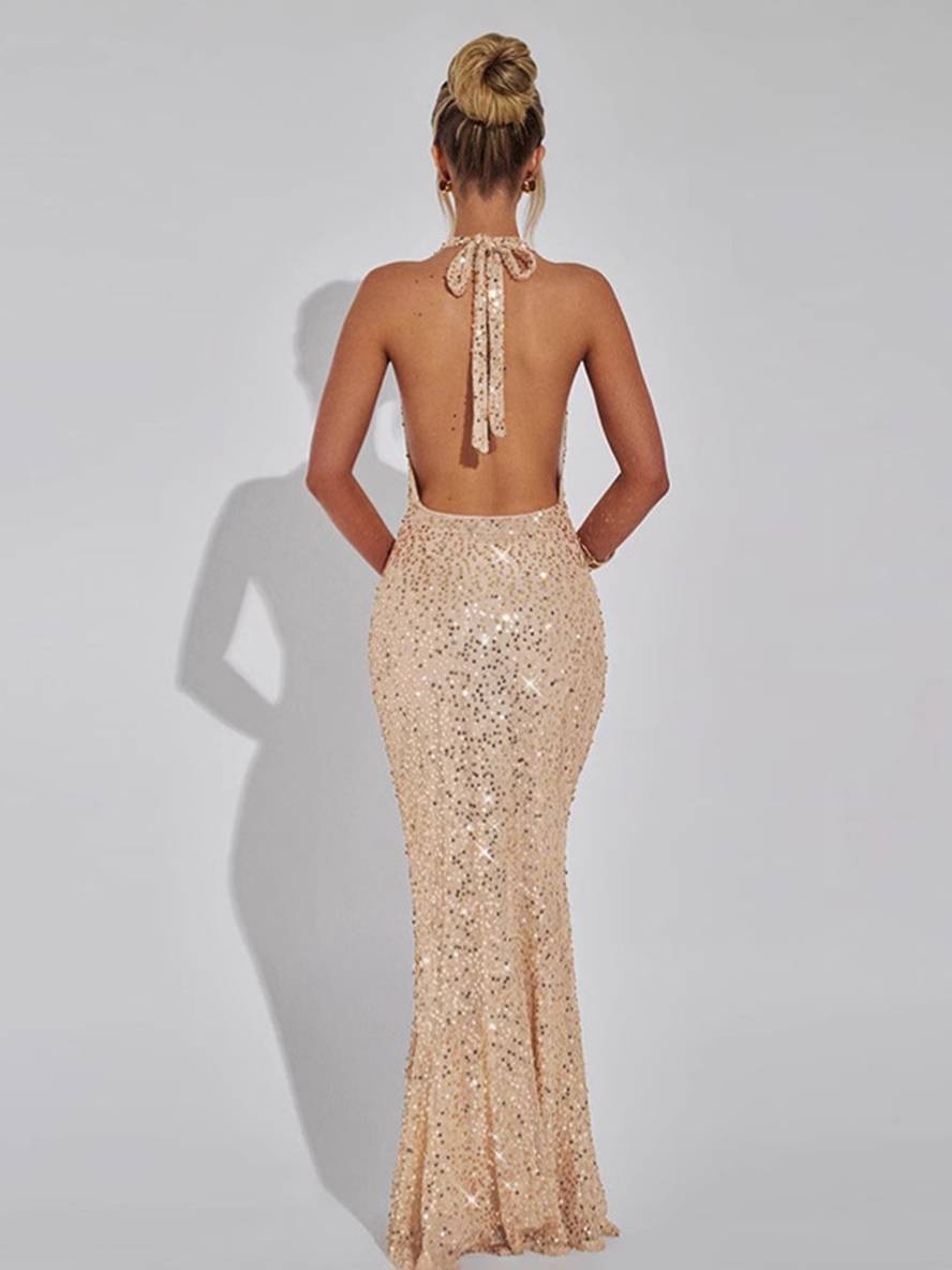 GR | Langes Glänzendes Pailletten Meerjungfrau Kleid mit Tiefem Ausschnitt Neckholder Rückenfrei Ärmellos Damen Elegantes Abendkleid