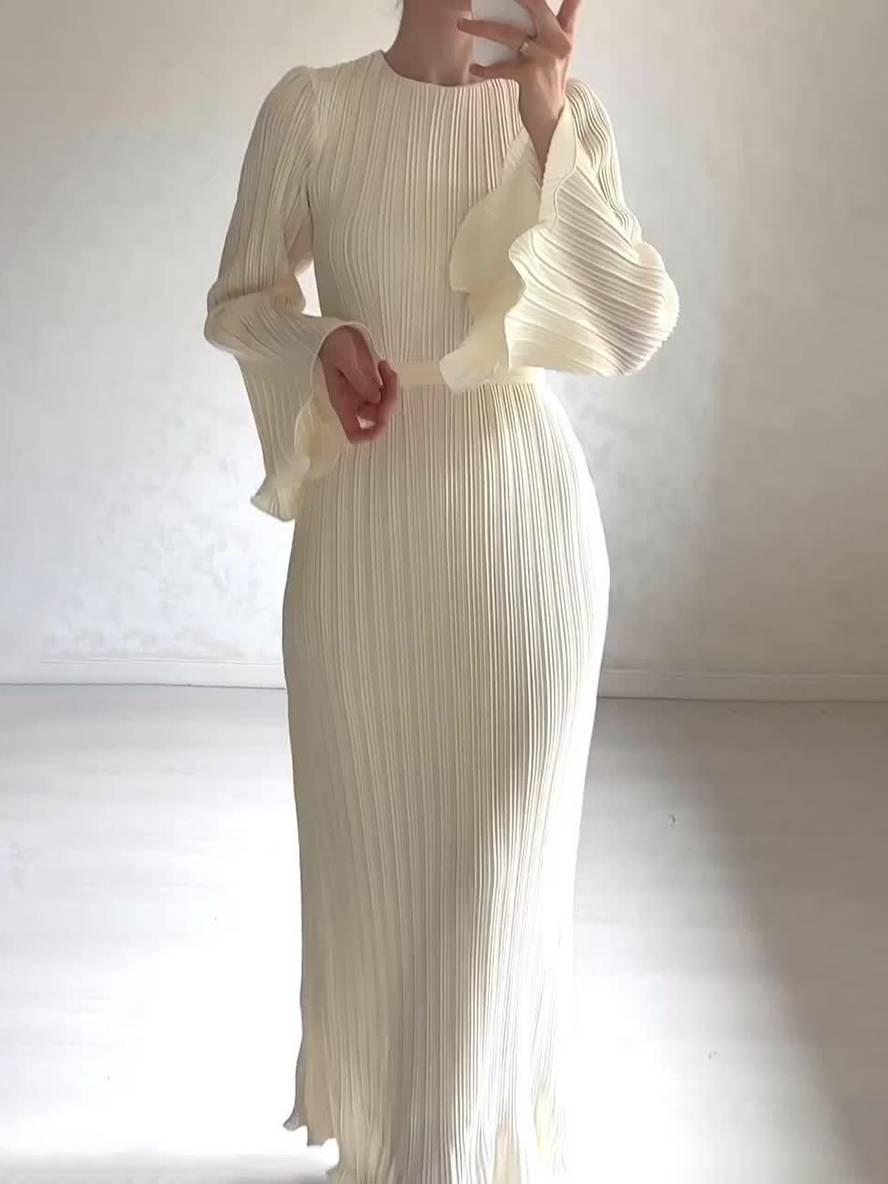 GR | Langes Fließendes Kleid Gürtel Rundhals Trompetenärmel Elegant Prom Abend