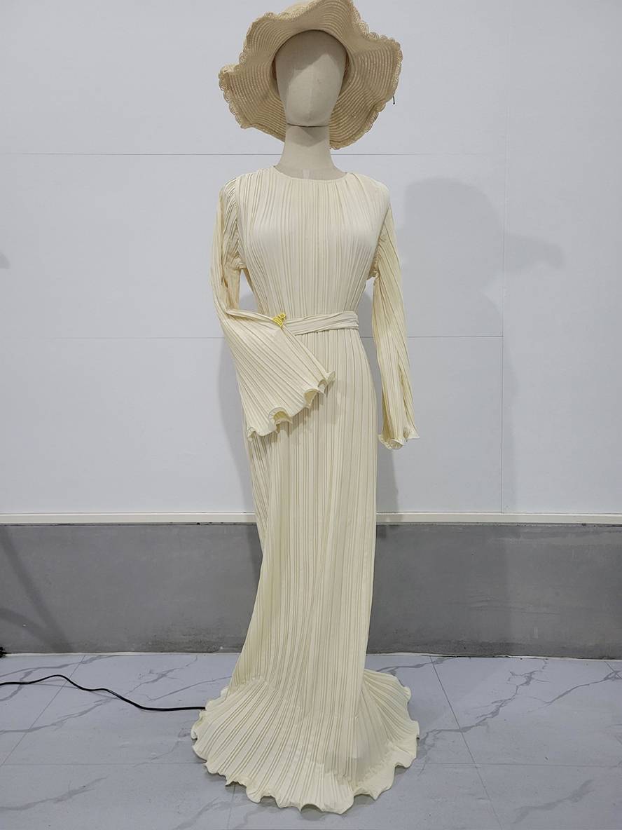 GR | Langes Fließendes Kleid Gürtel Rundhals Trompetenärmel Elegant Prom Abend