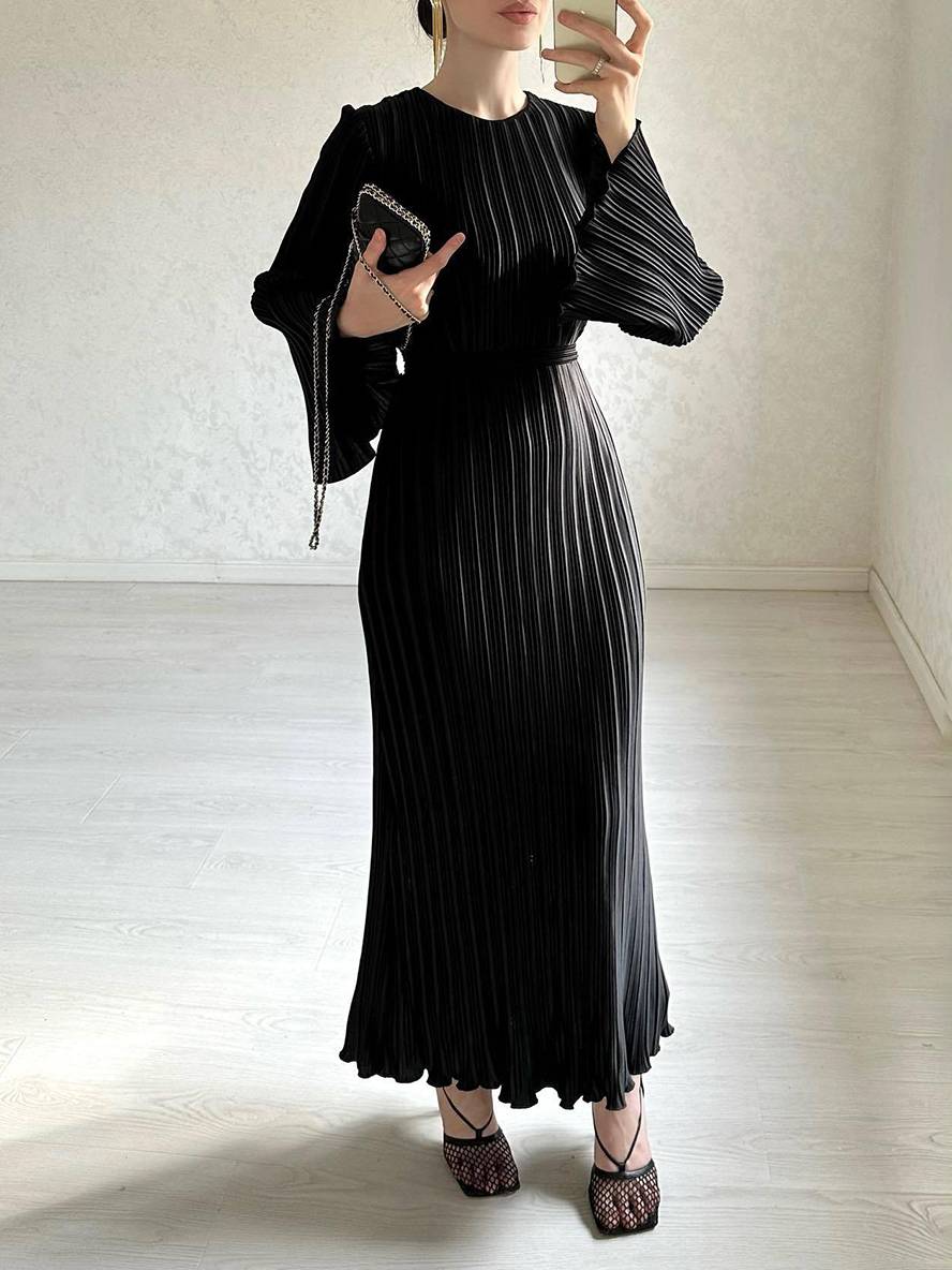 GR | Langes Fließendes Kleid Gürtel Rundhals Trompetenärmel Elegant Prom Abend