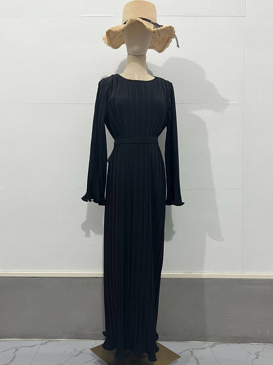 GR | Langes Fließendes Kleid Gürtel Rundhals Trompetenärmel Elegant Prom Abend