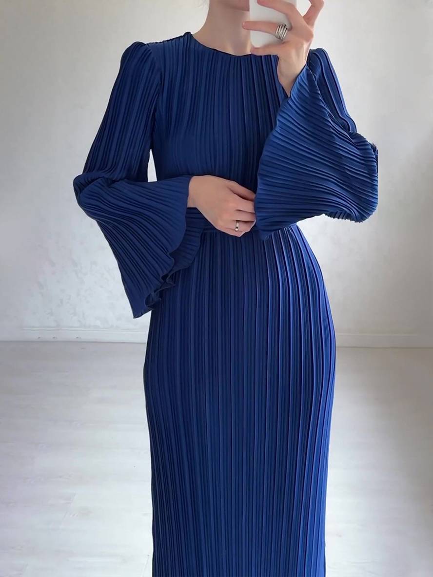 GR | Langes Fließendes Kleid Gürtel Rundhals Trompetenärmel Elegant Prom Abend
