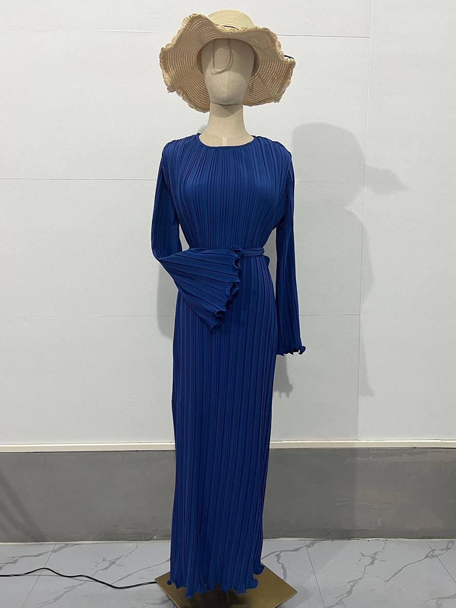 GR | Langes Fließendes Kleid Gürtel Rundhals Trompetenärmel Elegant Prom Abend