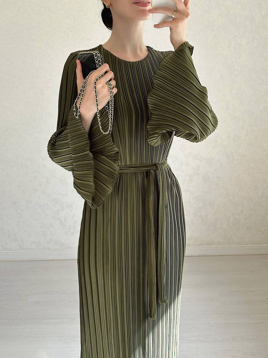GR | Langes Fließendes Kleid Gürtel Rundhals Trompetenärmel Elegant Prom Abend