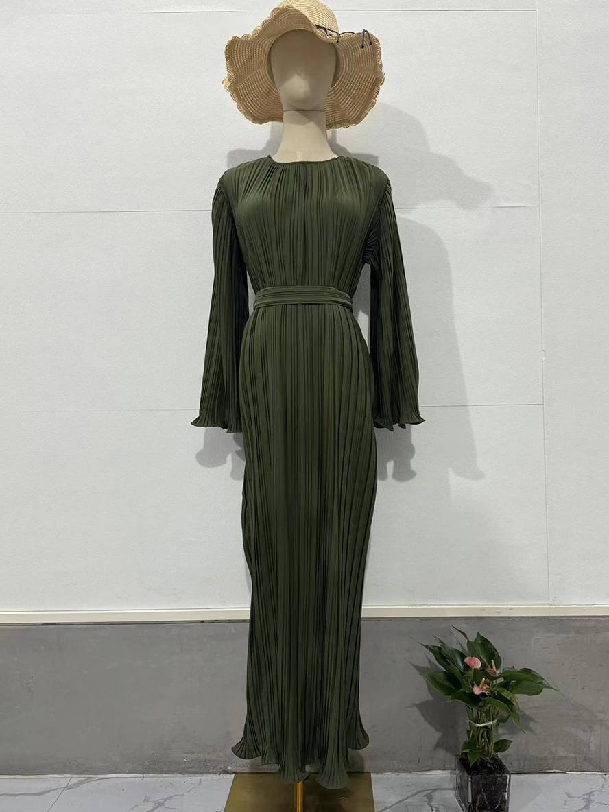 GR | Langes Fließendes Kleid Gürtel Rundhals Trompetenärmel Elegant Prom Abend