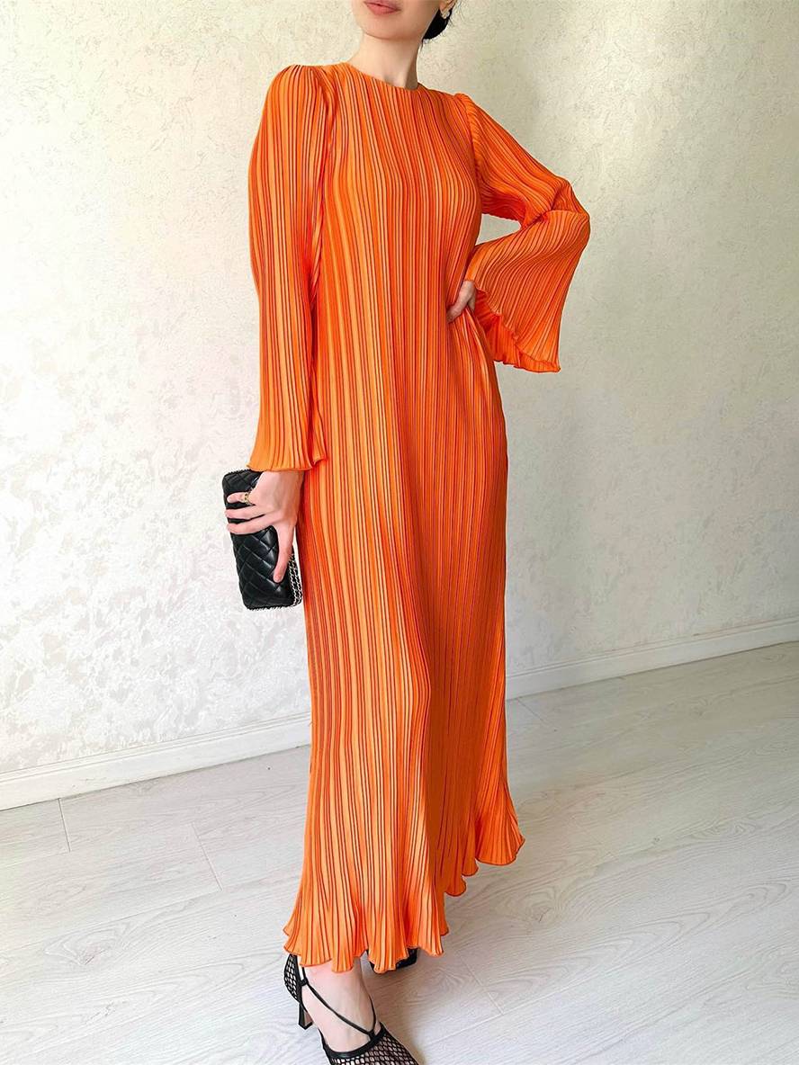GR | Langes Fließendes Kleid Gürtel Rundhals Trompetenärmel Elegant Prom Abend