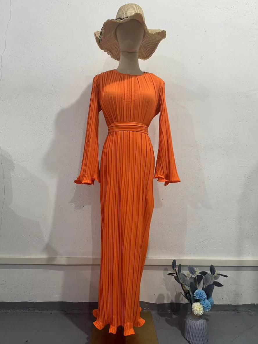 GR | Langes Fließendes Kleid Gürtel Rundhals Trompetenärmel Elegant Prom Abend