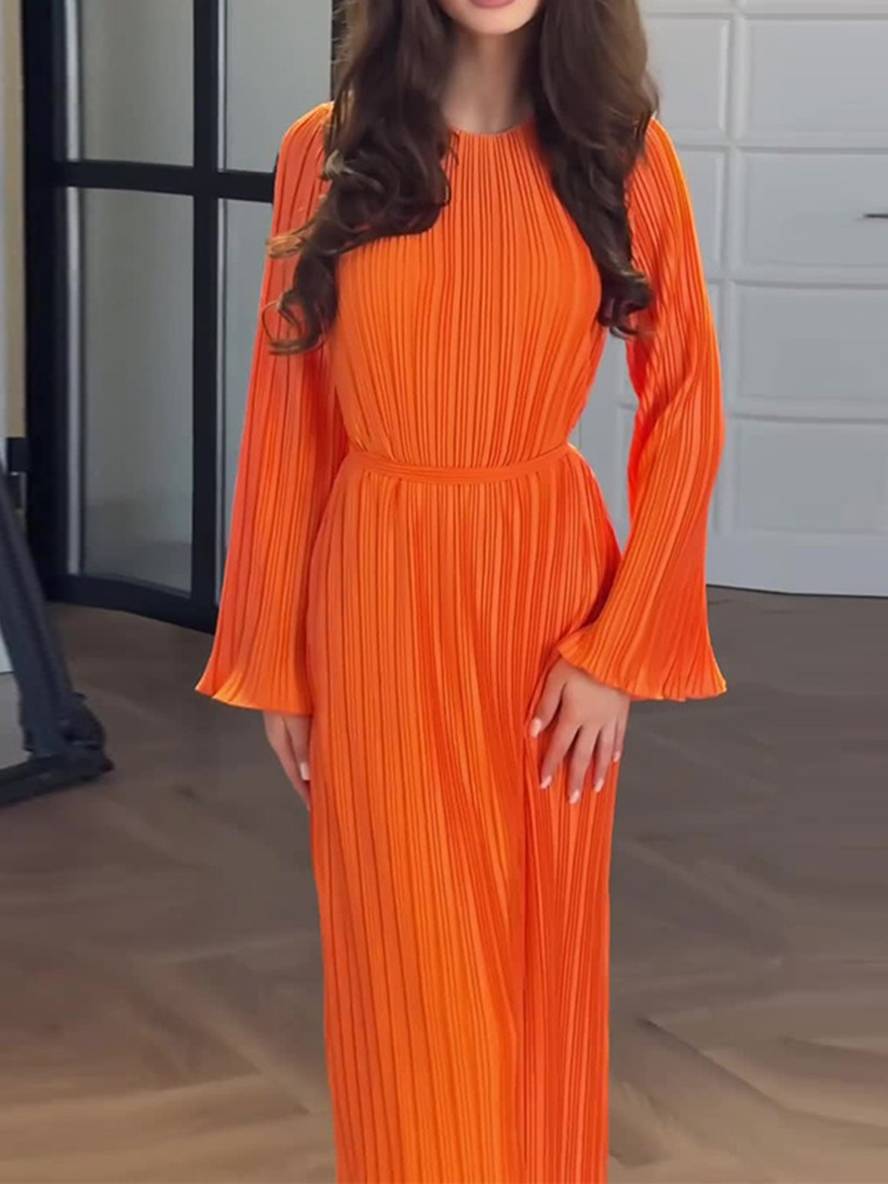 GR | Langes Fließendes Kleid Gürtel Rundhals Trompetenärmel Elegant Prom Abend