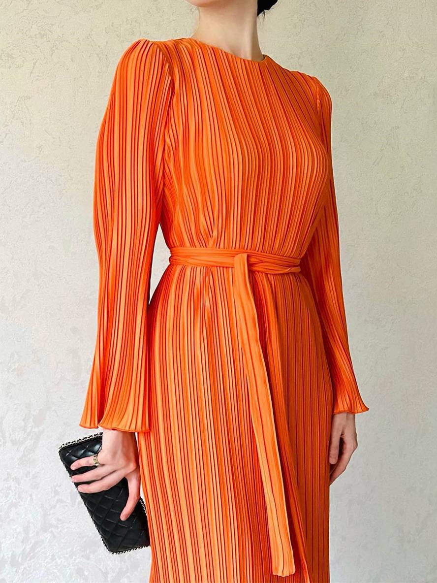 GR | Langes Fließendes Kleid Gürtel Rundhals Trompetenärmel Elegant Prom Abend