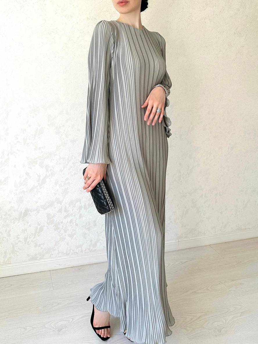 GR | Langes Fließendes Kleid Gürtel Rundhals Trompetenärmel Elegant Prom Abend