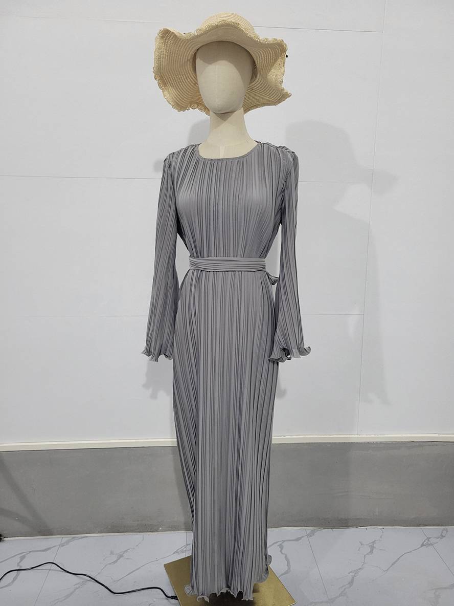 GR | Langes Fließendes Kleid Gürtel Rundhals Trompetenärmel Elegant Prom Abend