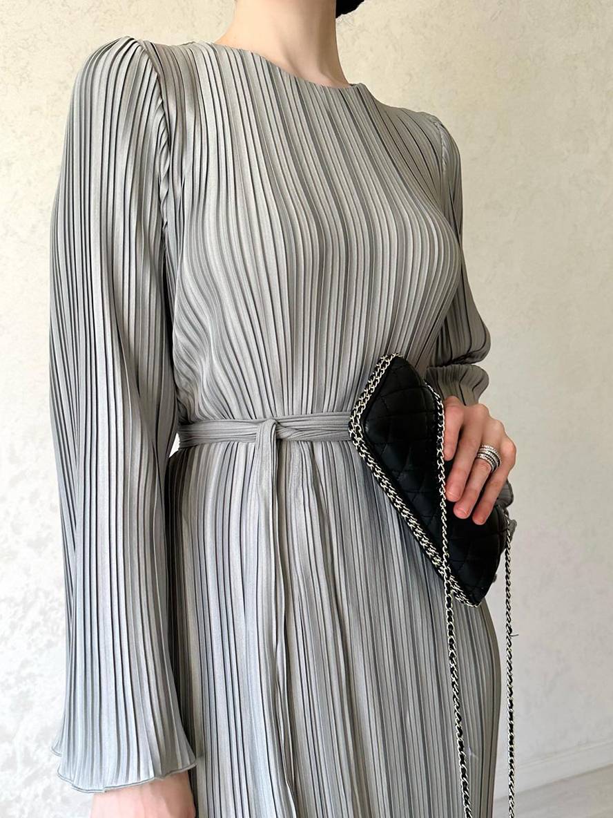 GR | Langes Fließendes Kleid Gürtel Rundhals Trompetenärmel Elegant Prom Abend