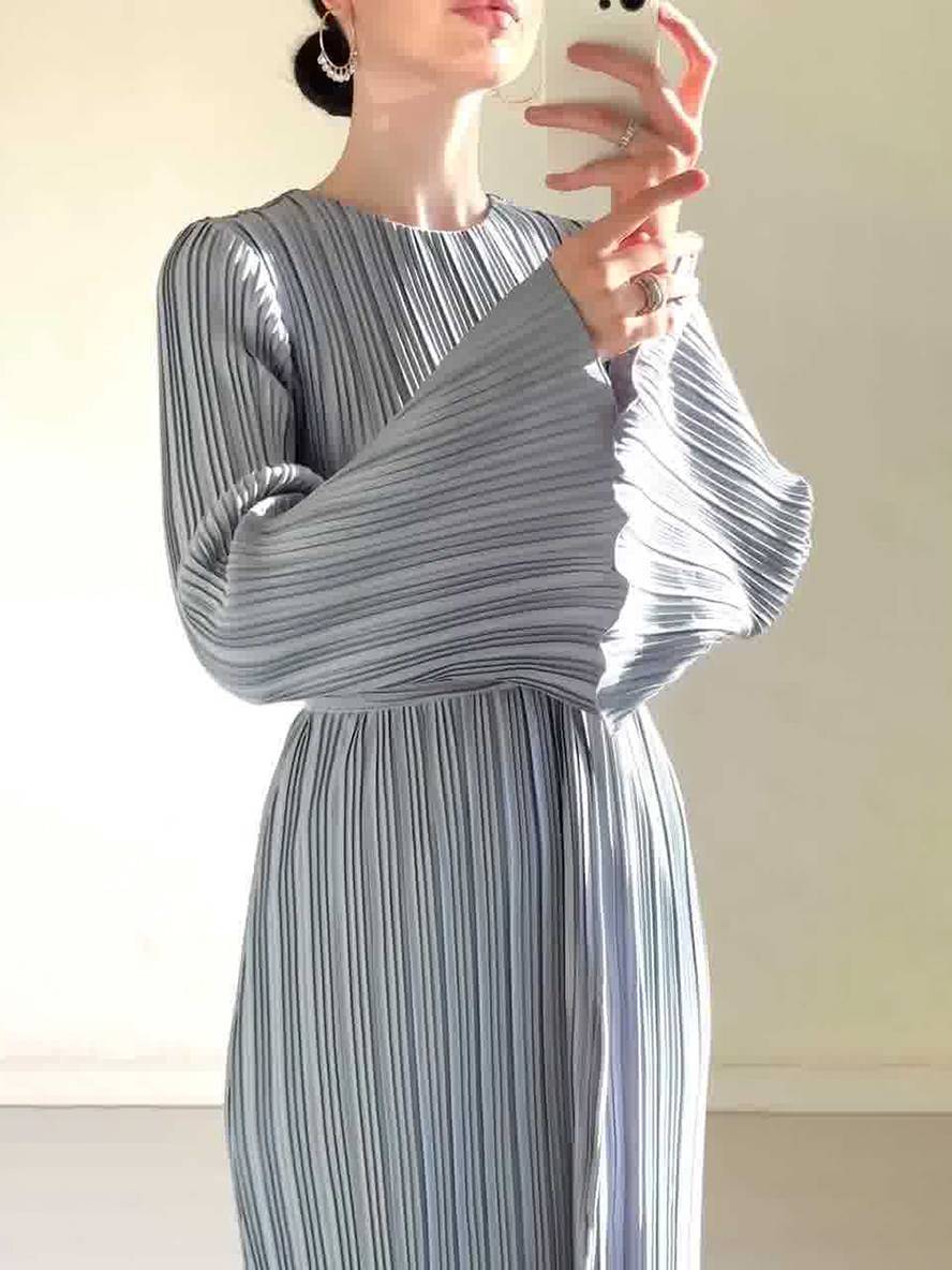 GR | Langes Fließendes Kleid Gürtel Rundhals Trompetenärmel Elegant Prom Abend