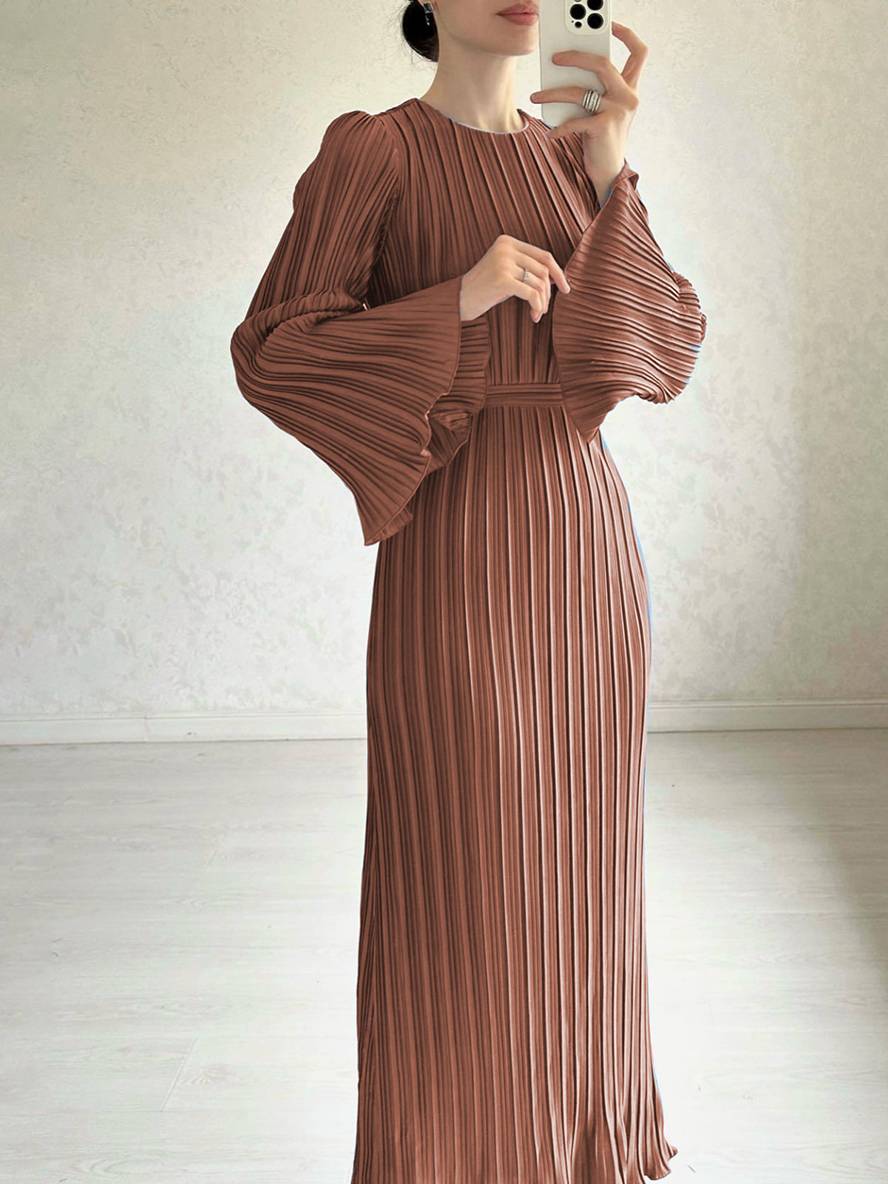 GR | Langes Fließendes Kleid Gürtel Rundhals Trompetenärmel Elegant Prom Abend