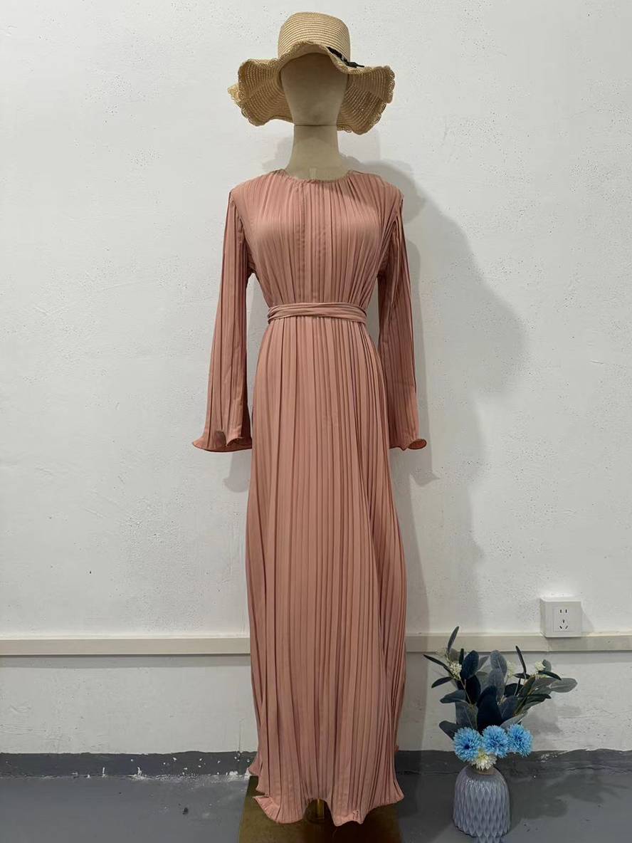 GR | Langes Fließendes Kleid Gürtel Rundhals Trompetenärmel Elegant Prom Abend