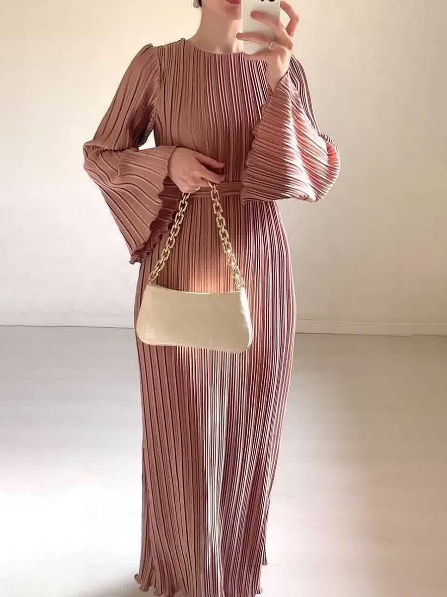 GR | Langes Fließendes Kleid Gürtel Rundhals Trompetenärmel Elegant Prom Abend