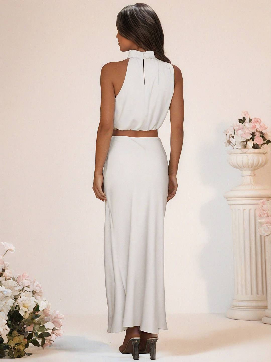 GR | Bridesmaid Dress Satin Turtleneck Sleeveless Cropped Long Skirt Women's Elegant Maid of Honor Dress 