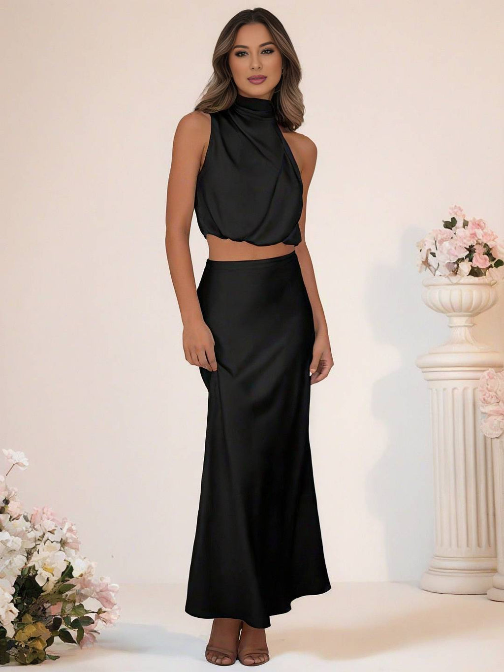 GR | Bridesmaid Dress Satin Turtleneck Sleeveless Cropped Long Skirt Women's Elegant Maid of Honor Dress 