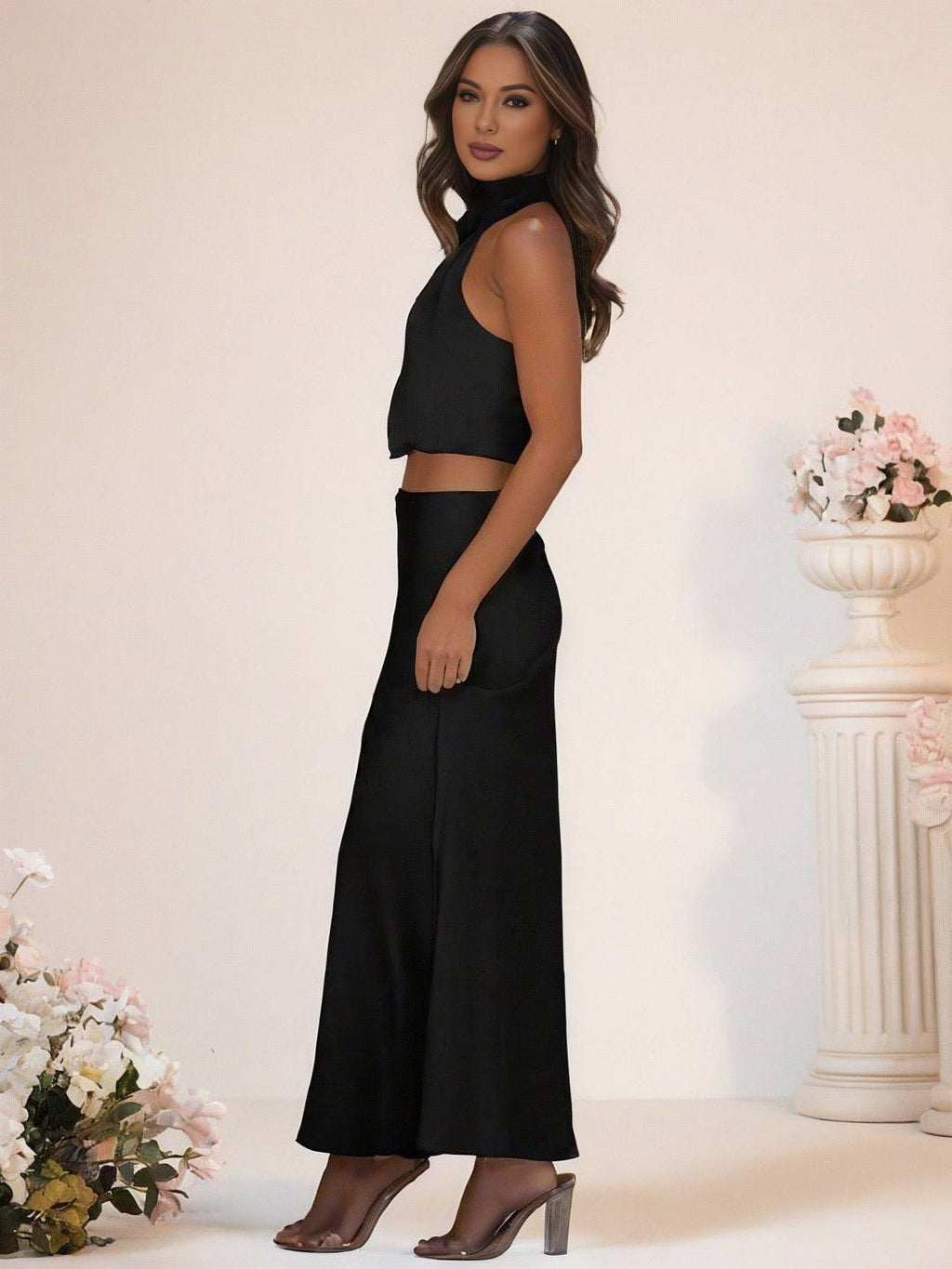 GR | Bridesmaid Dress Satin Turtleneck Sleeveless Cropped Long Skirt Women's Elegant Maid of Honor Dress 