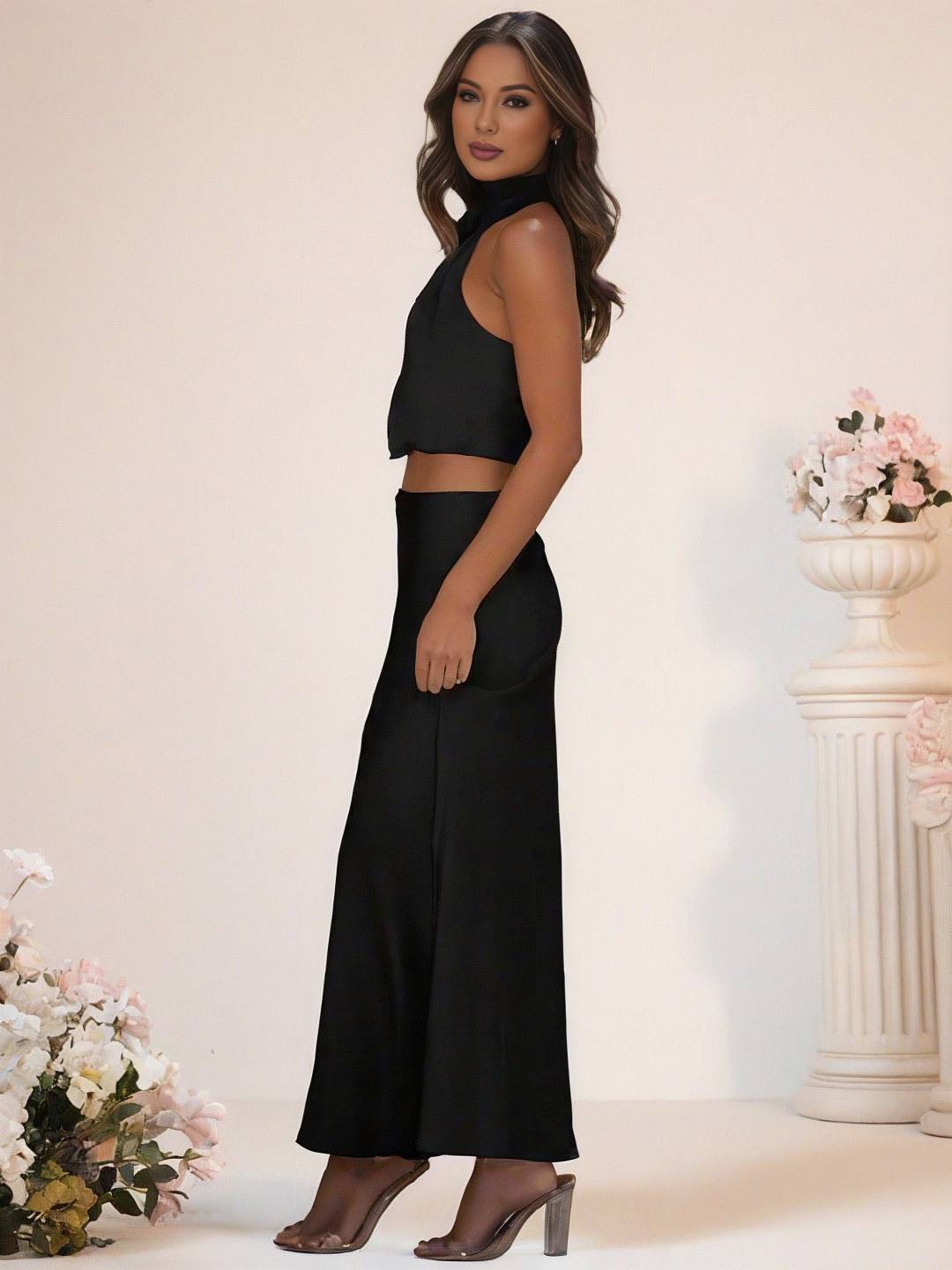 GR | Bridesmaid Dress Satin Turtleneck Sleeveless Cropped Long Skirt Women's Elegant Maid of Honor Dress 