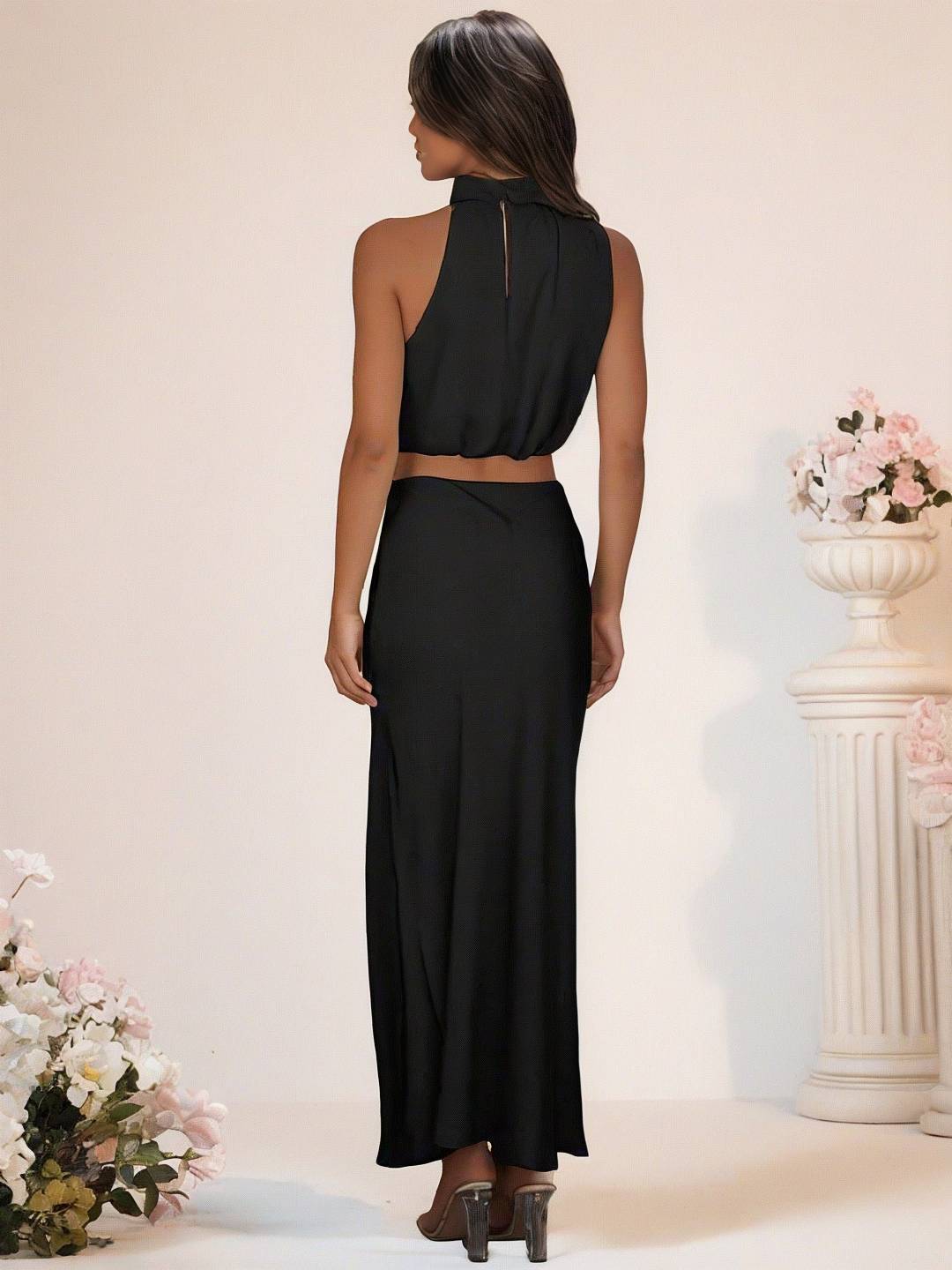 GR | Bridesmaid Dress Satin Turtleneck Sleeveless Cropped Long Skirt Women's Elegant Maid of Honor Dress 