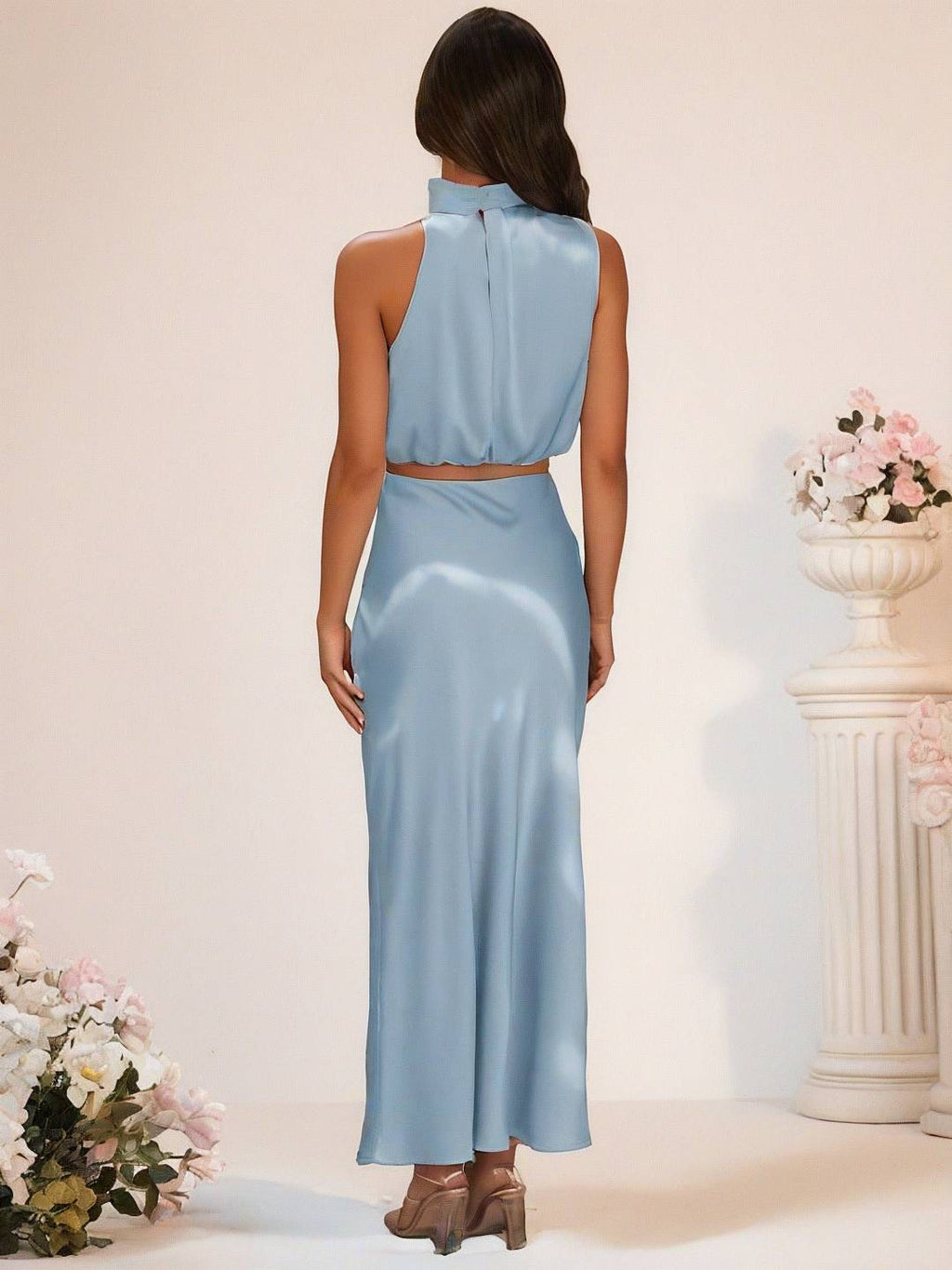 GR | Bridesmaid Dress Satin Turtleneck Sleeveless Cropped Long Skirt Women's Elegant Maid of Honor Dress 