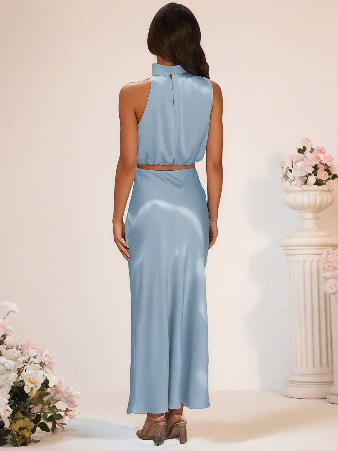 GR | Bridesmaid Dress Satin Turtleneck Sleeveless Cropped Long Skirt Women's Elegant Maid of Honor Dress 