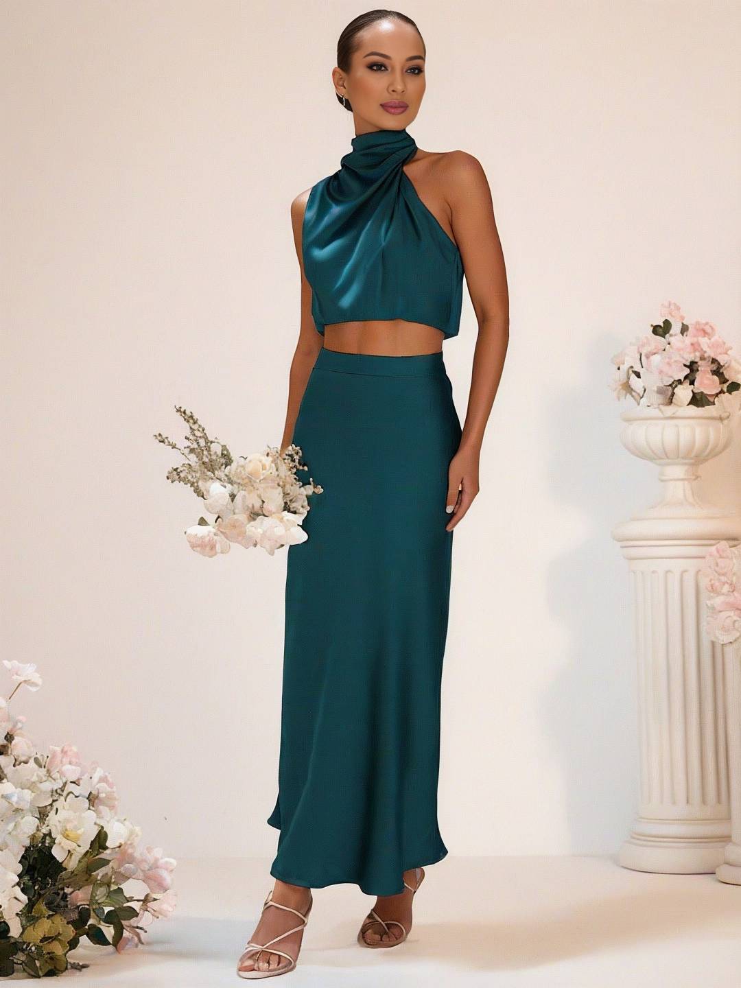 GR | Bridesmaid Dress Satin Turtleneck Sleeveless Cropped Long Skirt Women's Elegant Maid of Honor Dress 
