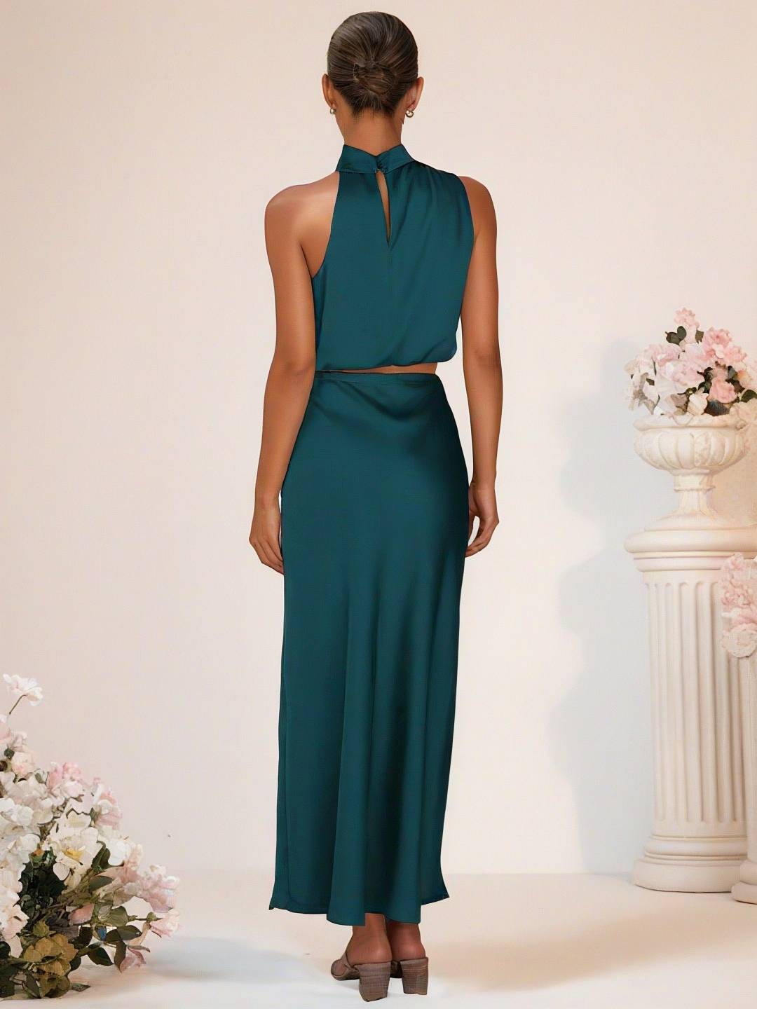 GR | Bridesmaid Dress Satin Turtleneck Sleeveless Cropped Long Skirt Women's Elegant Maid of Honor Dress 