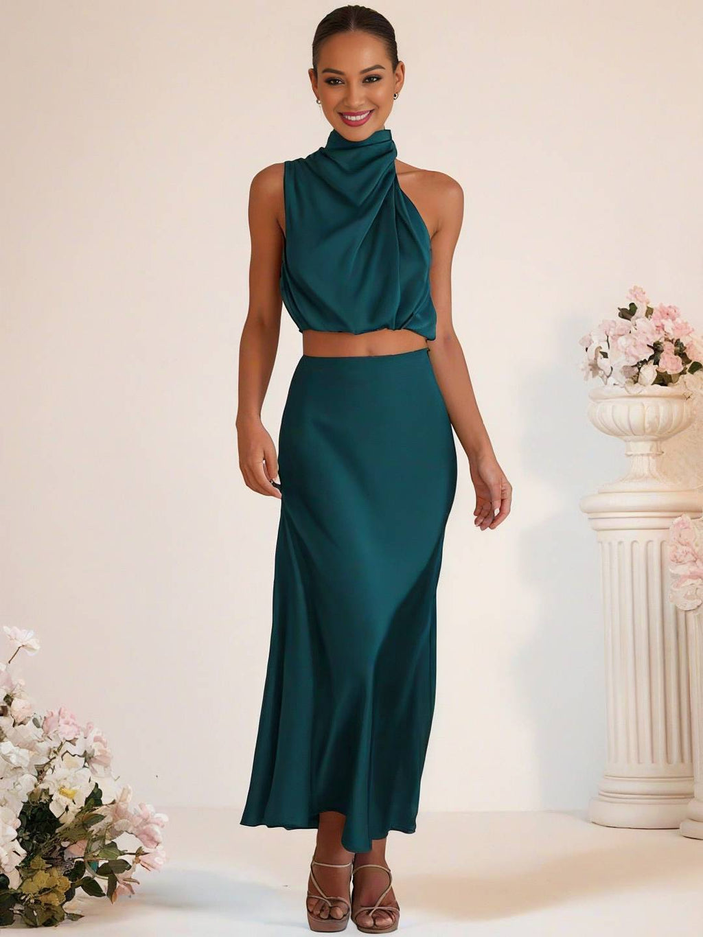 GR | Bridesmaid Dress Satin Turtleneck Sleeveless Cropped Long Skirt Women's Elegant Maid of Honor Dress 