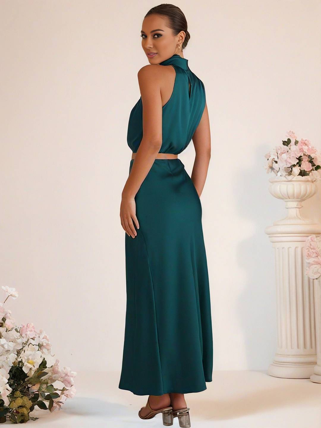 GR | Bridesmaid Dress Satin Turtleneck Sleeveless Cropped Long Skirt Women's Elegant Maid of Honor Dress 