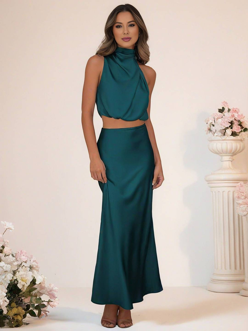 GR | Bridesmaid Dress Satin Turtleneck Sleeveless Cropped Long Skirt Women's Elegant Maid of Honor Dress 