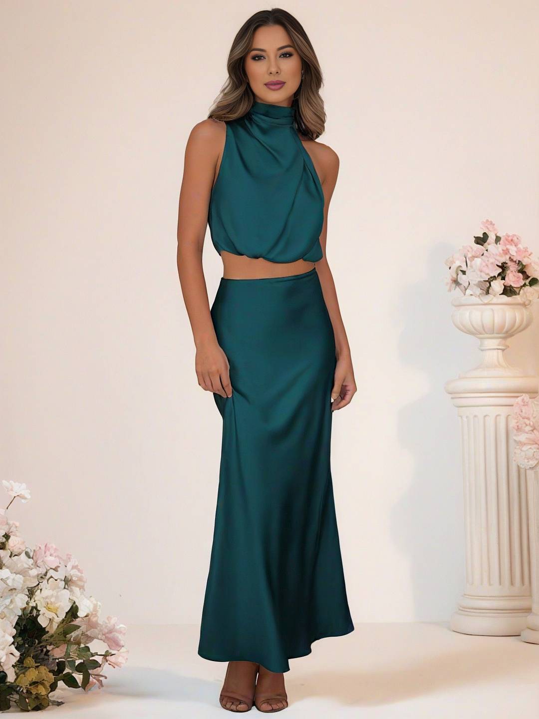 GR | Bridesmaid Dress Satin Turtleneck Sleeveless Cropped Long Skirt Women's Elegant Maid of Honor Dress 