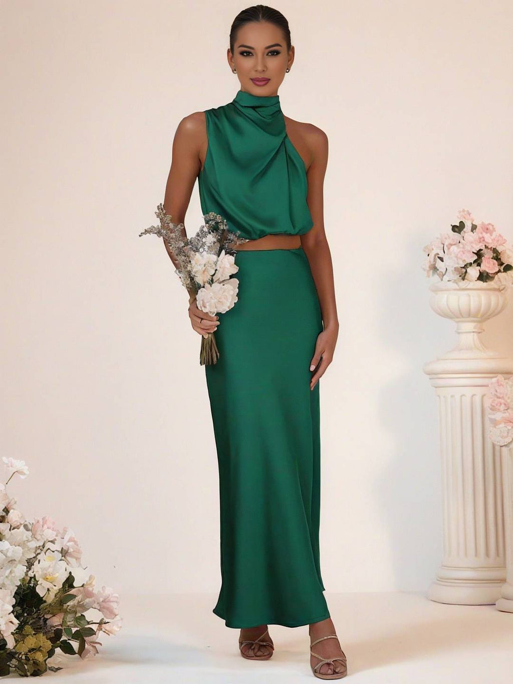 GR | Bridesmaid Dress Satin Turtleneck Sleeveless Cropped Long Skirt Women's Elegant Maid of Honor Dress 