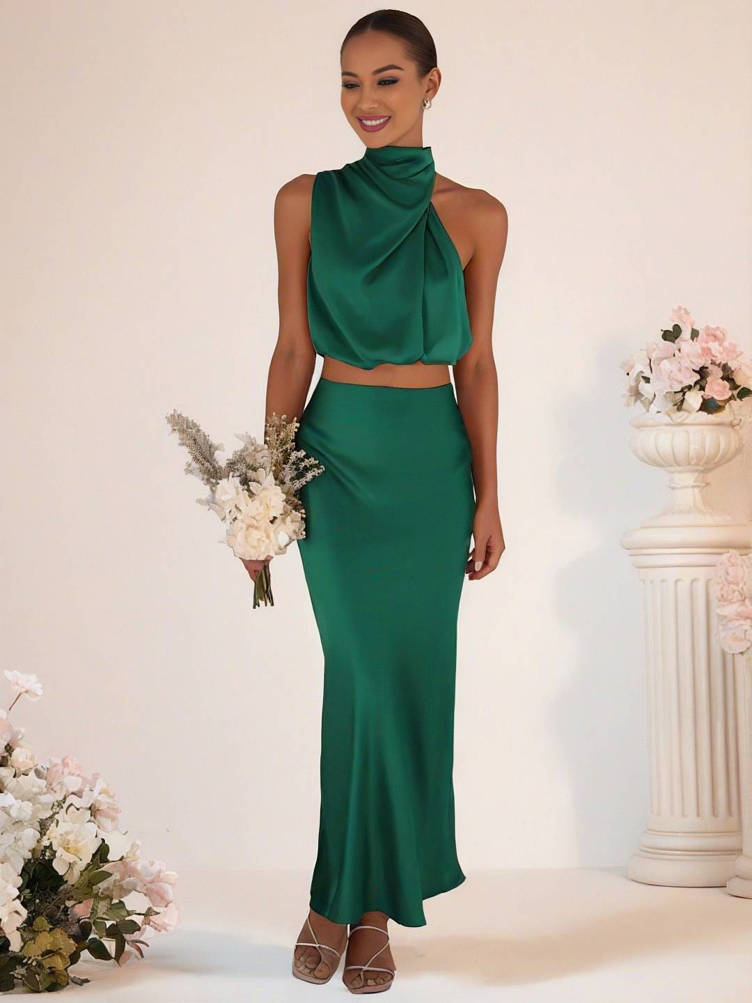 GR | Bridesmaid Dress Satin Turtleneck Sleeveless Cropped Long Skirt Women's Elegant Maid of Honor Dress 