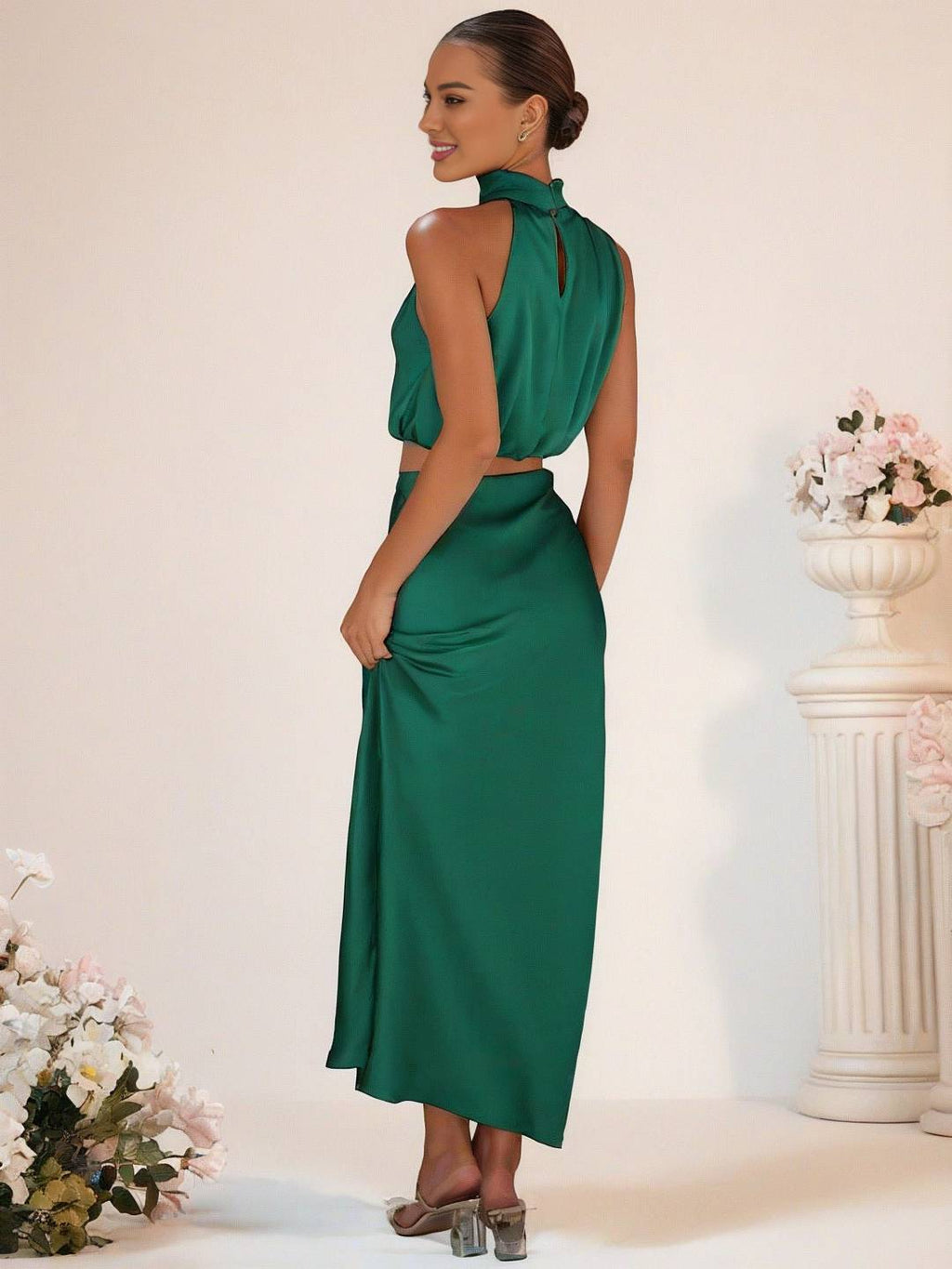 GR | Bridesmaid Dress Satin Turtleneck Sleeveless Cropped Long Skirt Women's Elegant Maid of Honor Dress 