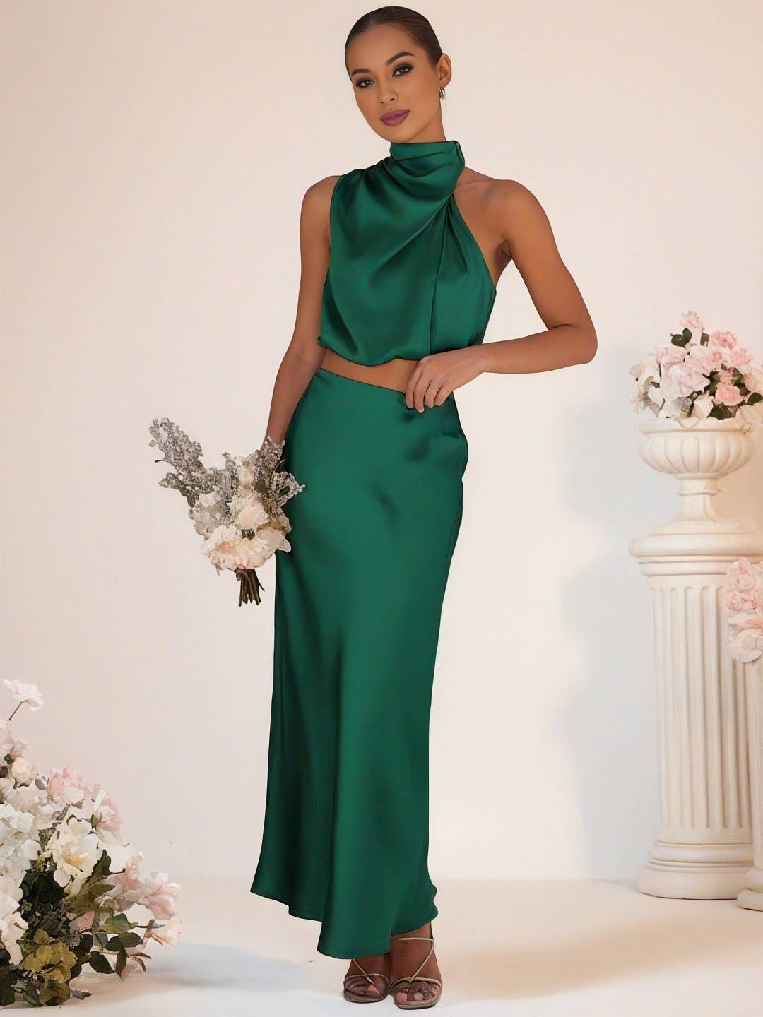 GR | Bridesmaid Dress Satin Turtleneck Sleeveless Cropped Long Skirt Women's Elegant Maid of Honor Dress 