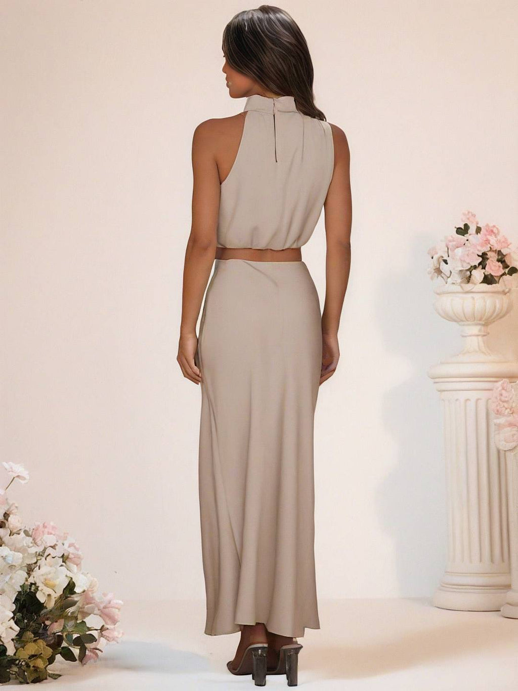 GR | Bridesmaid Dress Satin Turtleneck Sleeveless Cropped Long Skirt Women's Elegant Maid of Honor Dress 