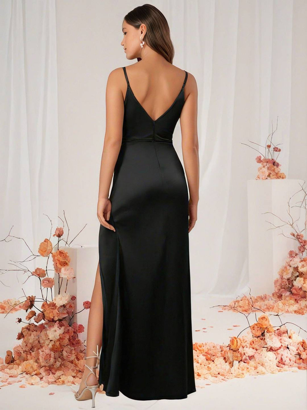 GR | Bridesmaid Dress Satin V-Neck Split Back Sleeveless Evening Guest Wedding Dress 
