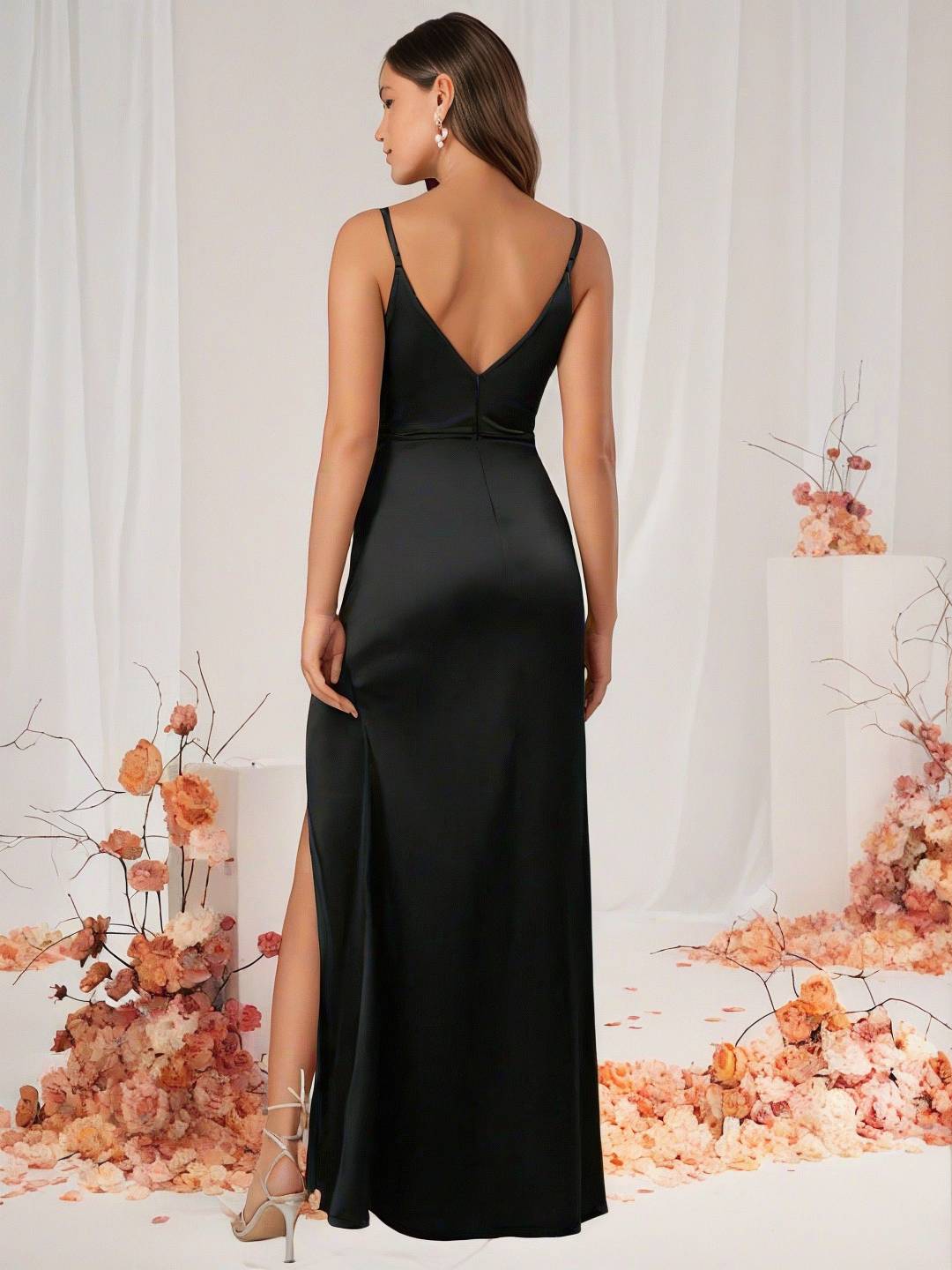 GR | Bridesmaid Dress Satin V-Neck Split Back Sleeveless Evening Guest Wedding Dress 