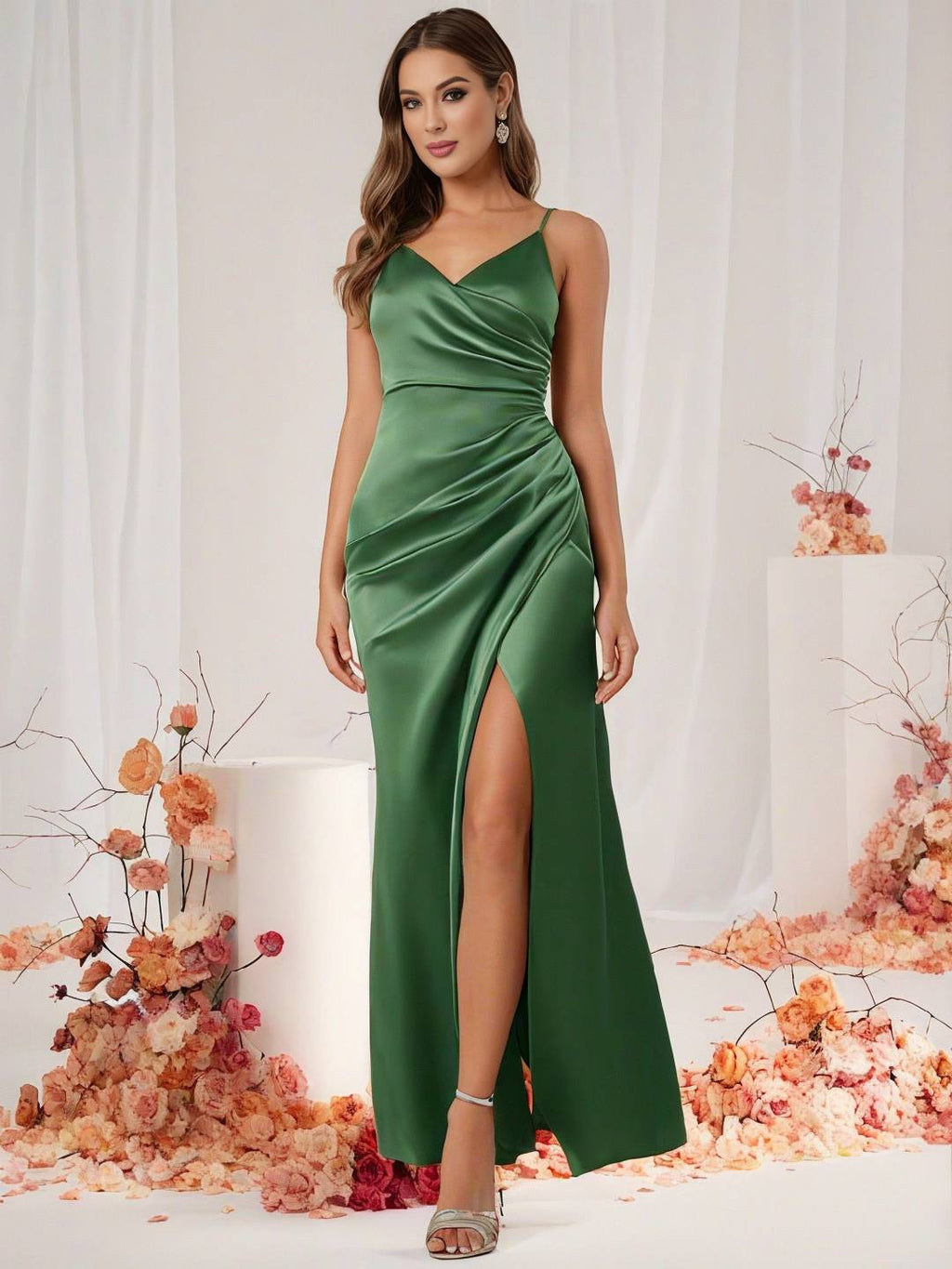 GR | Bridesmaid Dress Satin V-Neck Split Back Sleeveless Evening Guest Wedding Dress 